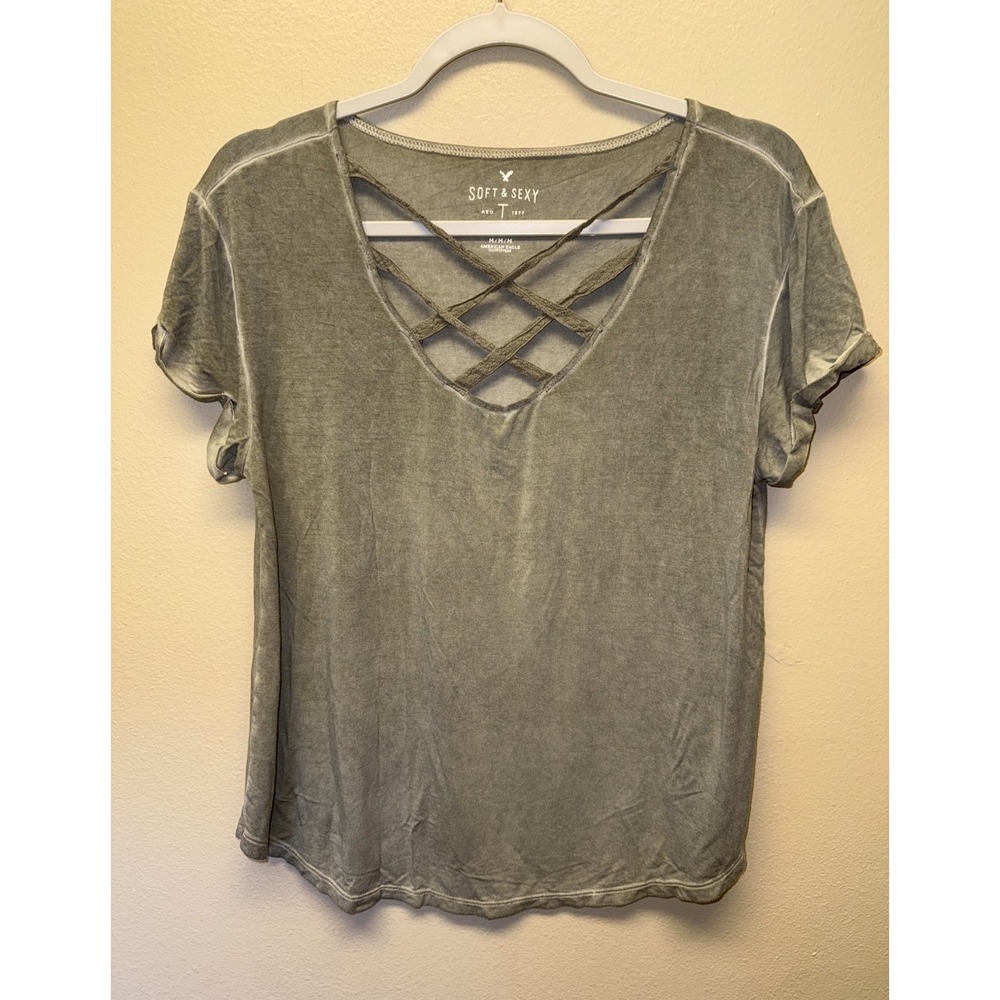American Eagle Soft And Sexy Slub Shirt Green Short Sleeve Ribbon Accent Medium
